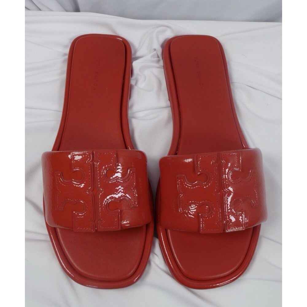 Tory Burch Double T Sport Slide Patent Leather Red Sandals Size 8.5 141380